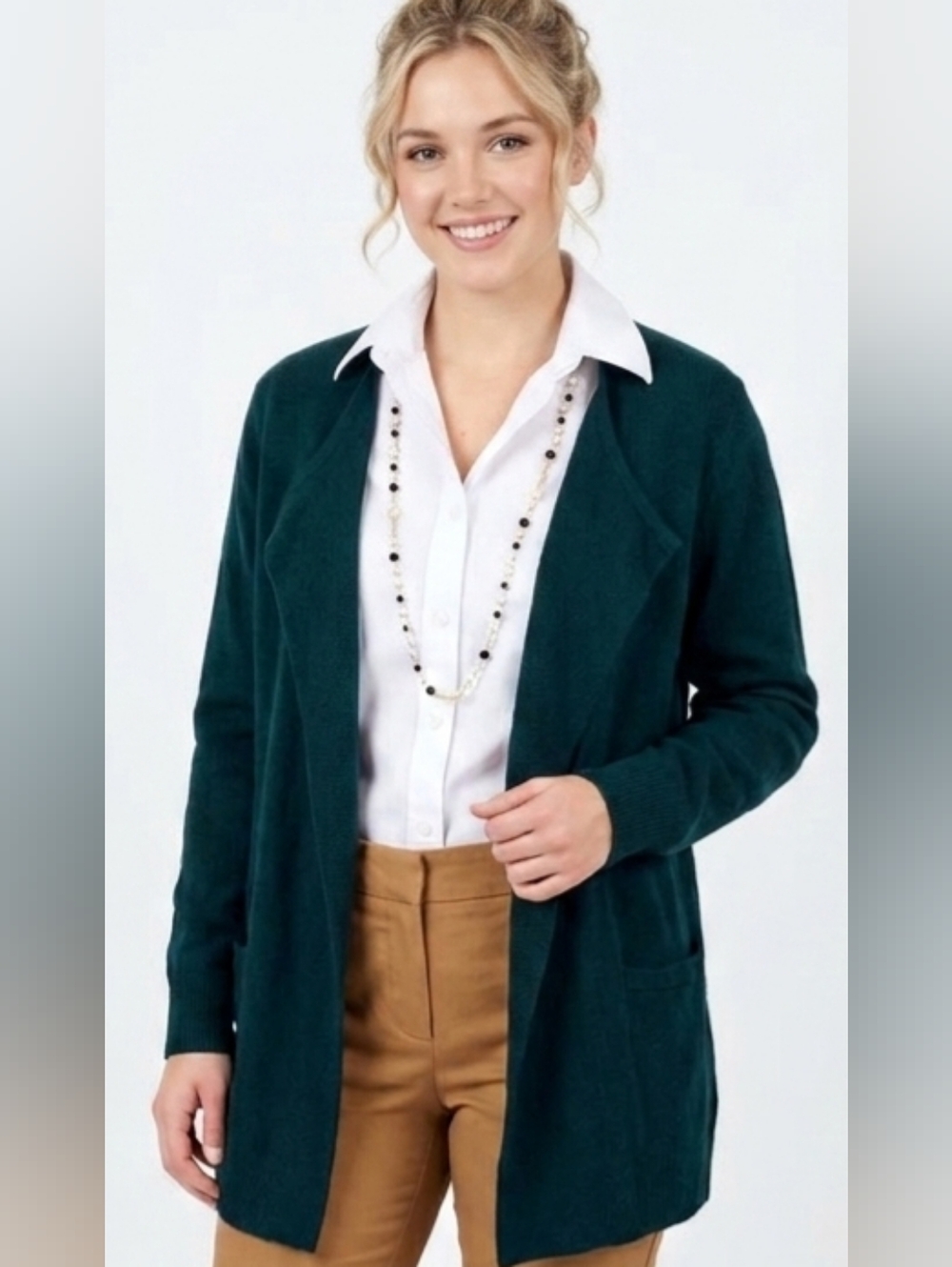 Deep Teal Open Front Cardigan Soft Knit Preppy Classic Teacher Layer Wool Blend